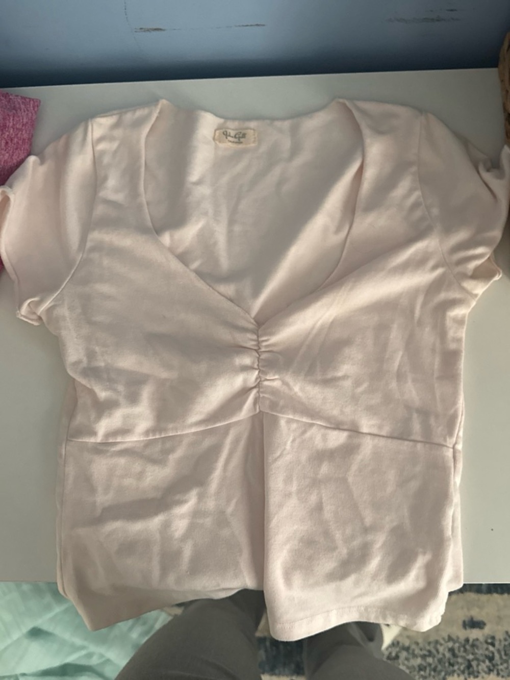 Light Pink V-Neck Gathered Women's Top